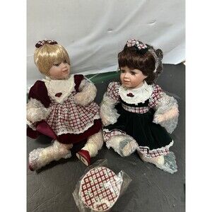 2 Heritage Signature Collection Porcelain Dolls Christmas  9" Red &  Green "New"